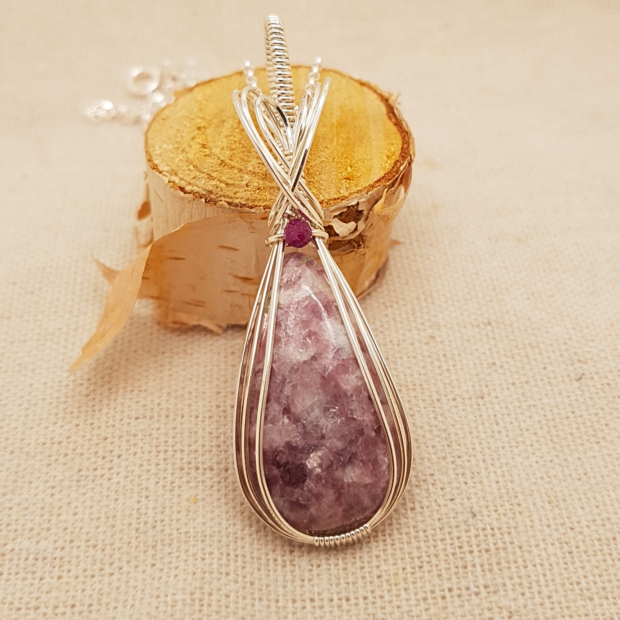 Lepidolite and Ruby Wire Work Pendant