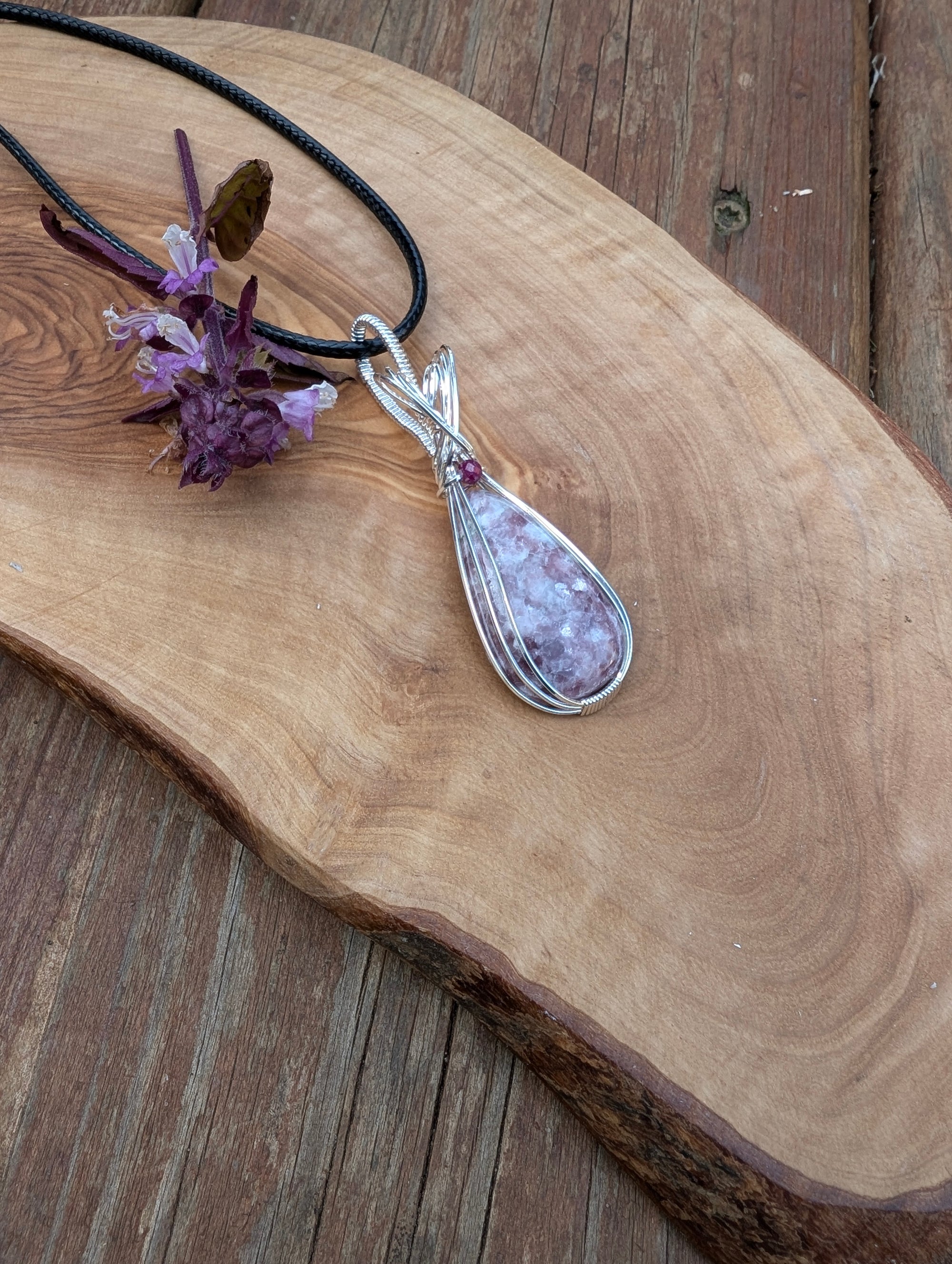 Lepidolite and Ruby Wire Work Pendant